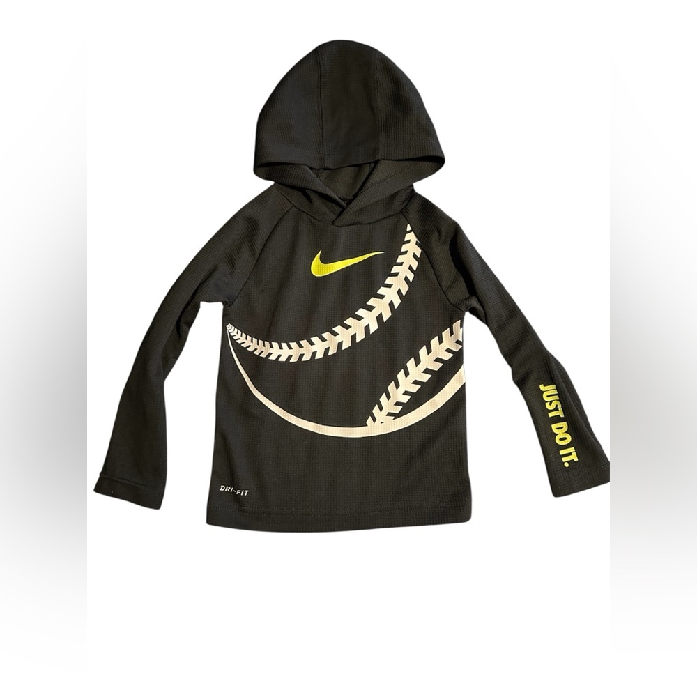 Nike Black Hoodie with Neon Yellow Swoosh and Cream Baseball Graphics